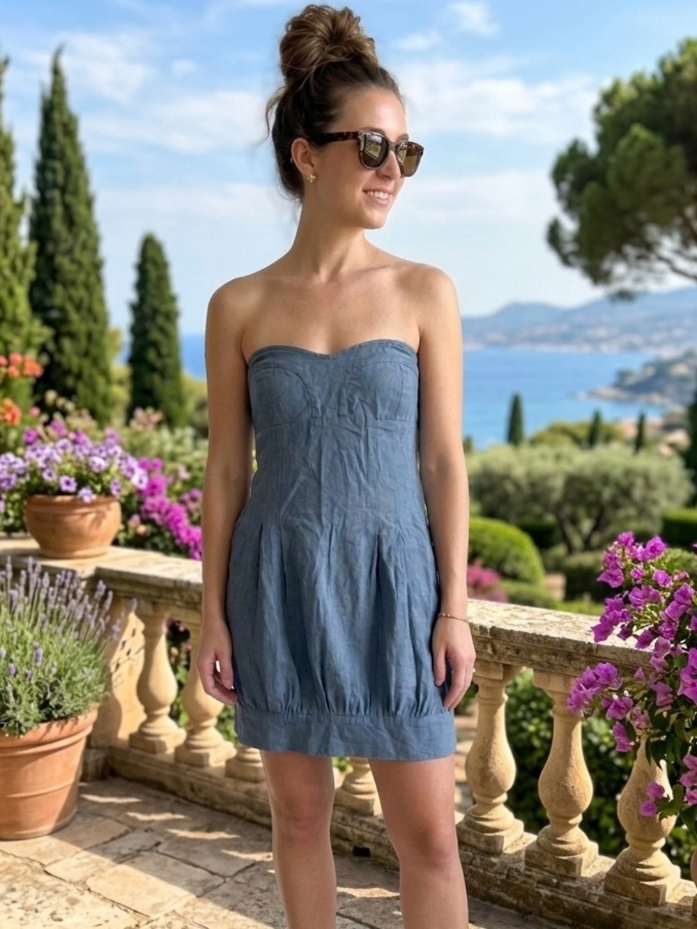 Boho Chic Travel Blue Linen-Blend Mini Dress Strapless Bubble Hem Size M/L